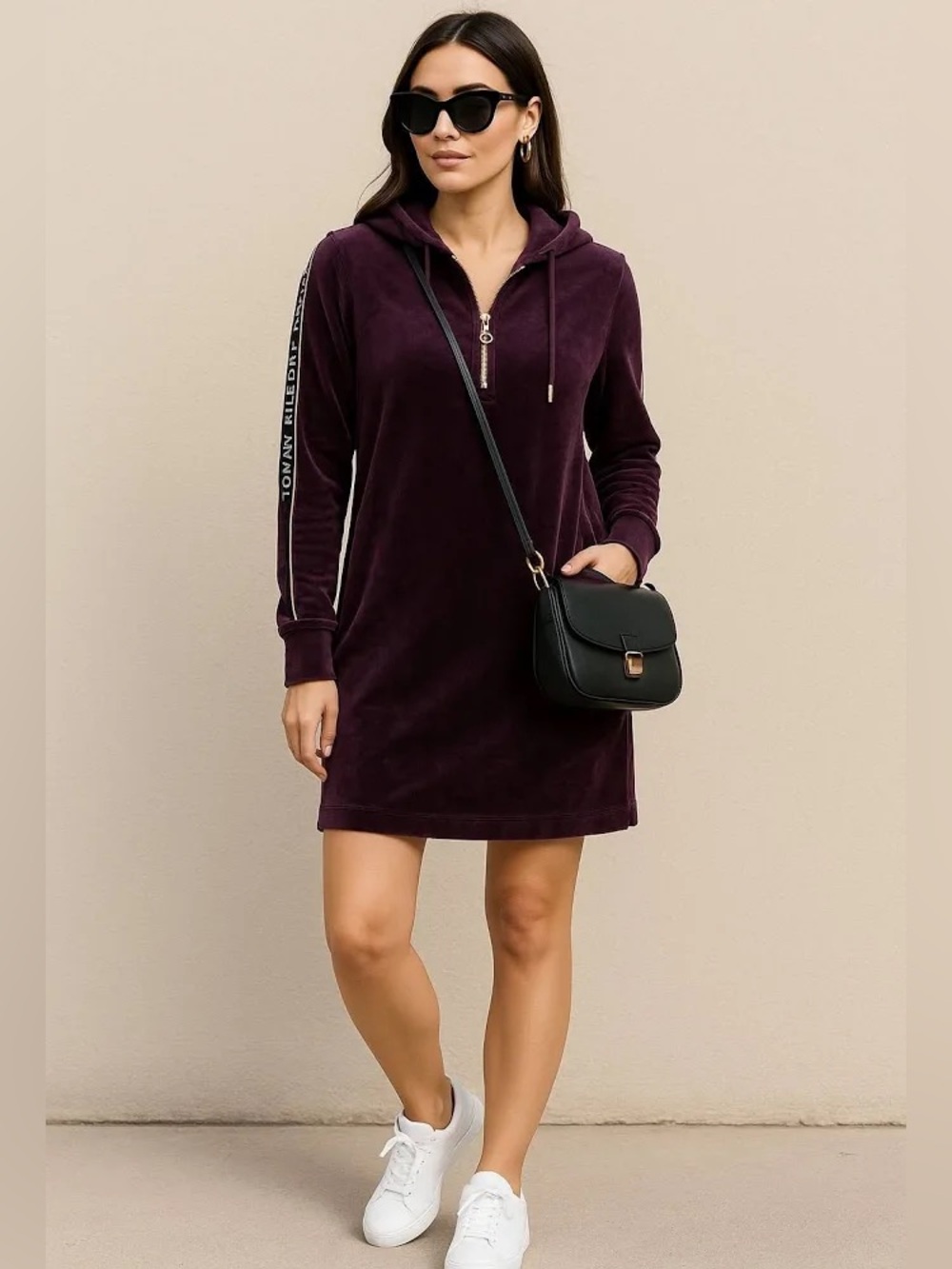 Tommy Hilfiger Plum purple Velour 1/4 zip long sleeve Hoodie Dress